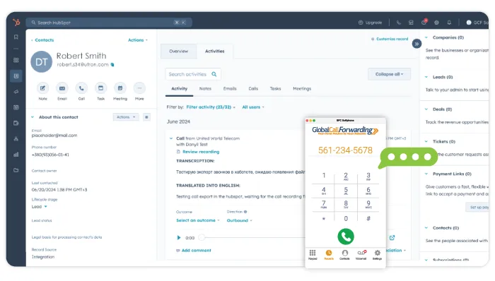GCF Softphone within a HubSpot CRM dashboard.