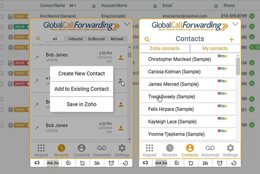 zoho softphone contacts