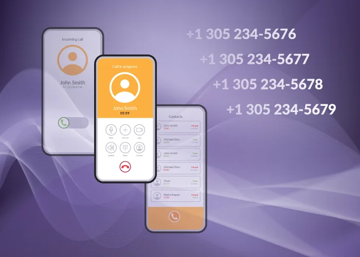 A graphic showing showing consecutive virtual phone numbers listed on mobile devices for global business use.