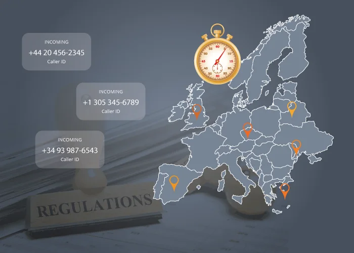 Map of Europe showing international caller ID routing and telecom regulation blocks.