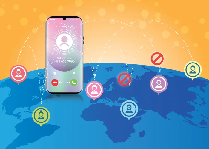 Global map with caller ID icons and regulatory symbols illustrating European telecom restrictions.