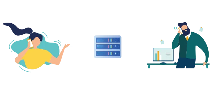 Illustration showing Call Whisper passing call information through the system to an agent before the call is answered.