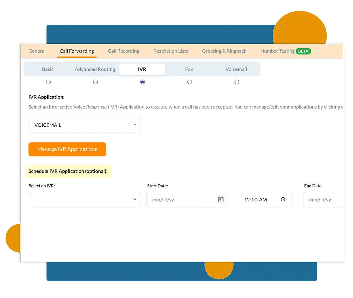 Illustration showing IVR scheduling setup within Global Call Forwarding's control panel.