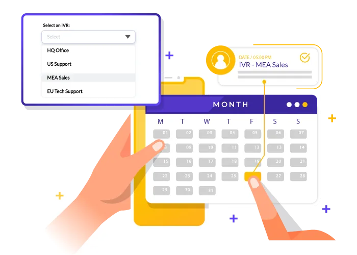 Illustration showing IVR scheduling setup with a calendar interface to assign call routing by date, time, and team.
