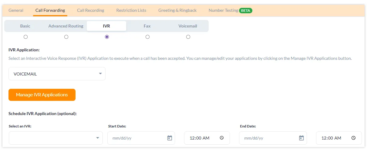 Screenshot of setting up IVR Scheduling feature within United World Telecom's control panel.