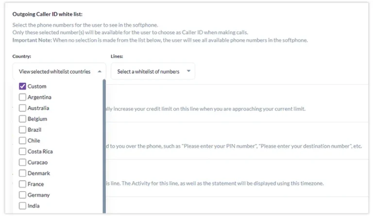 Screenshot of outgoing caller ID management feature from the United World Telecom control panel.
