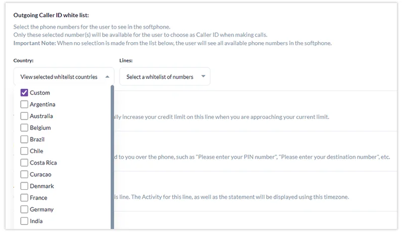 Screenshot of outgoing caller ID management feature from the United World Telecom control panel.