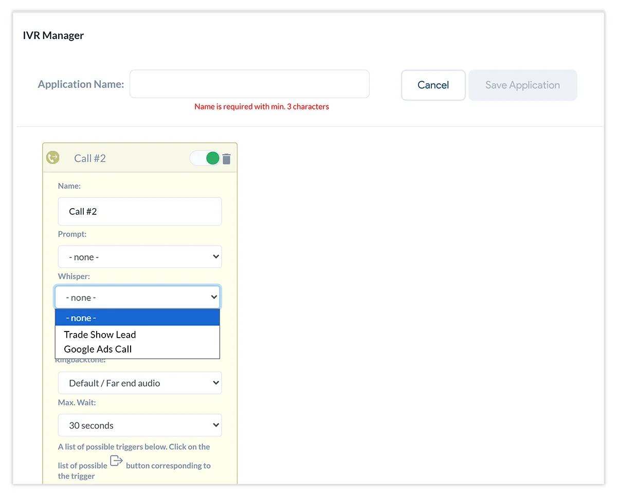 Screenshot of setting up Call Whisper feature within United World Telecom's control panel.