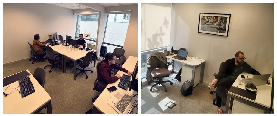 Global Call Forwarding team members working at modern workstations within the São Paulo office hub.