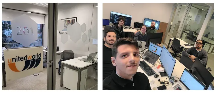 Global Call Forwarding team members working and collaborating in their modern São Paulo office hub.