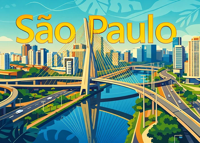 Stylized illustration of the São Paulo skyline and Ponte Estaiada bridge for a business growth retrospective in Brazil.
