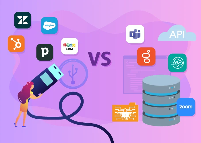 An illustration comparing plug-and-play vs. backend voice integrations
