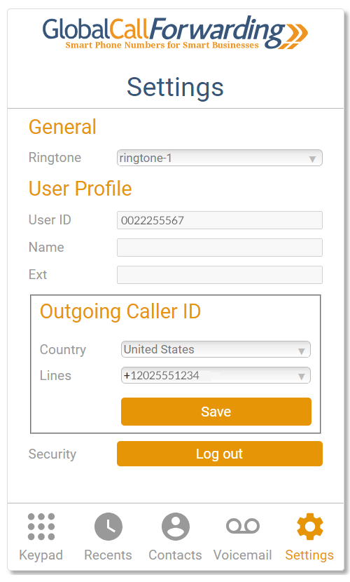 Local caller ID settings within GCF softphone application.