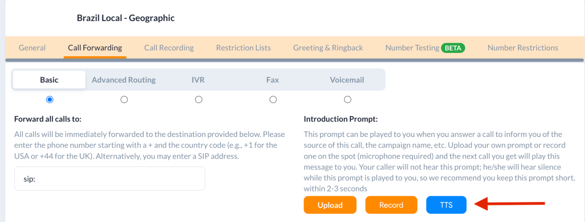 TTS button for introduction prompts for a phone line